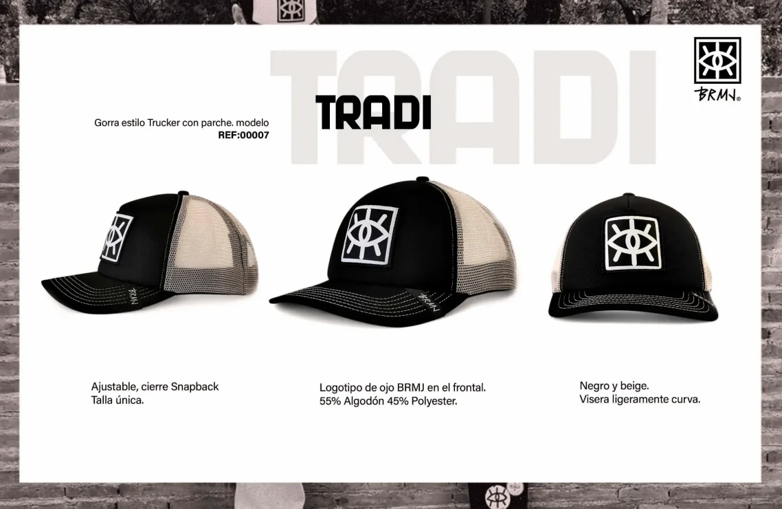 Tres gorras de la marca Tradi, en diferentes estilos y colores, con logotipo destacado.