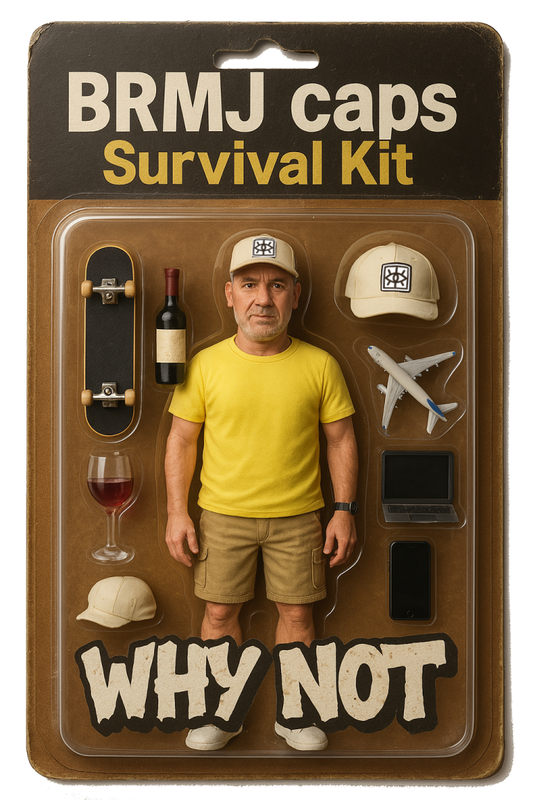 Figurita de acción en un paquete que incluye varios accesorios como skate, gorras brmj, gorras estilo trucker y un mensaje "WHY NOT". 