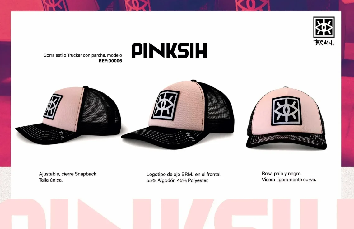 Gorras de diseño en tonos rosa y negro con un logo gráfico en la parte frontal.